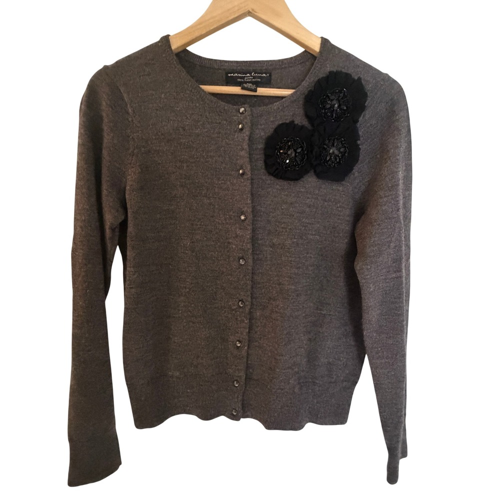 Marina Luna Cardigan Petite PM Gray Good Merino Wool Floral Beaded Button Front